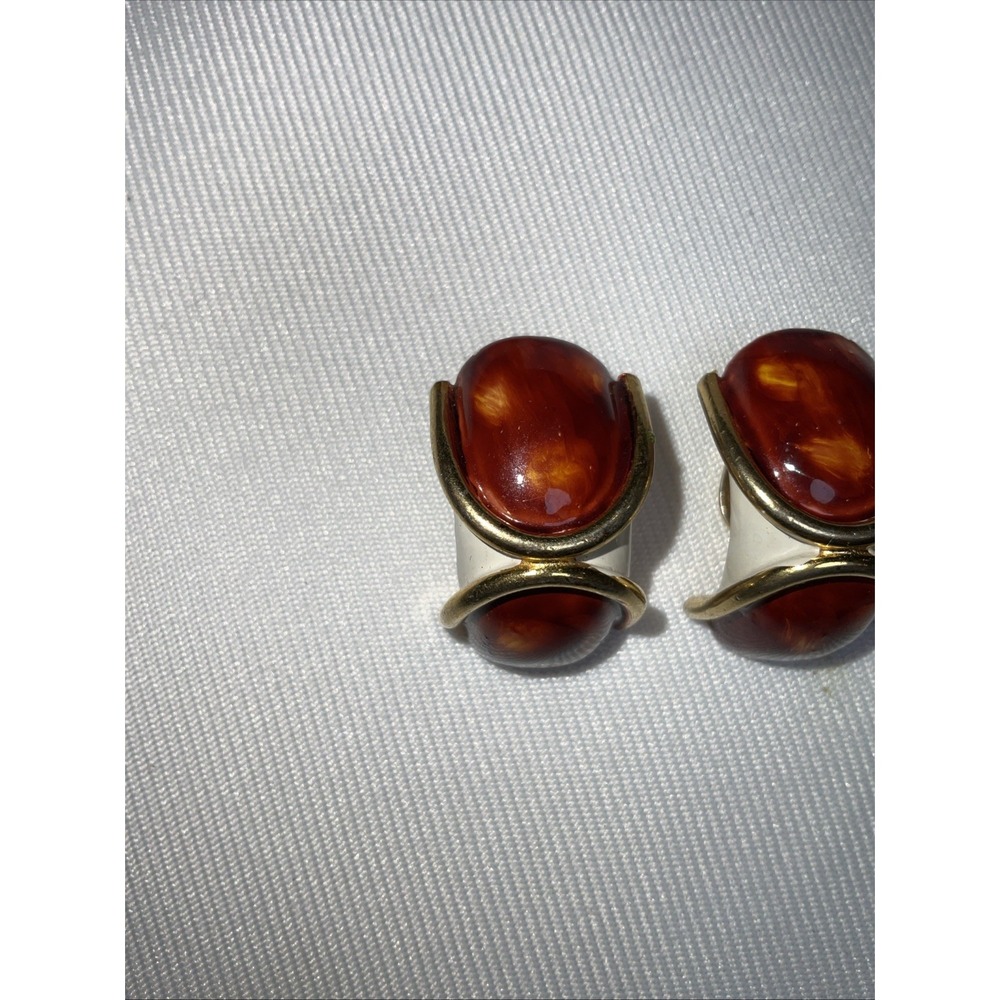 Vintage Gold Tone Faux Amber Tortoise Shell Resin Clip On Statement Earrings - Picture 3 of 8